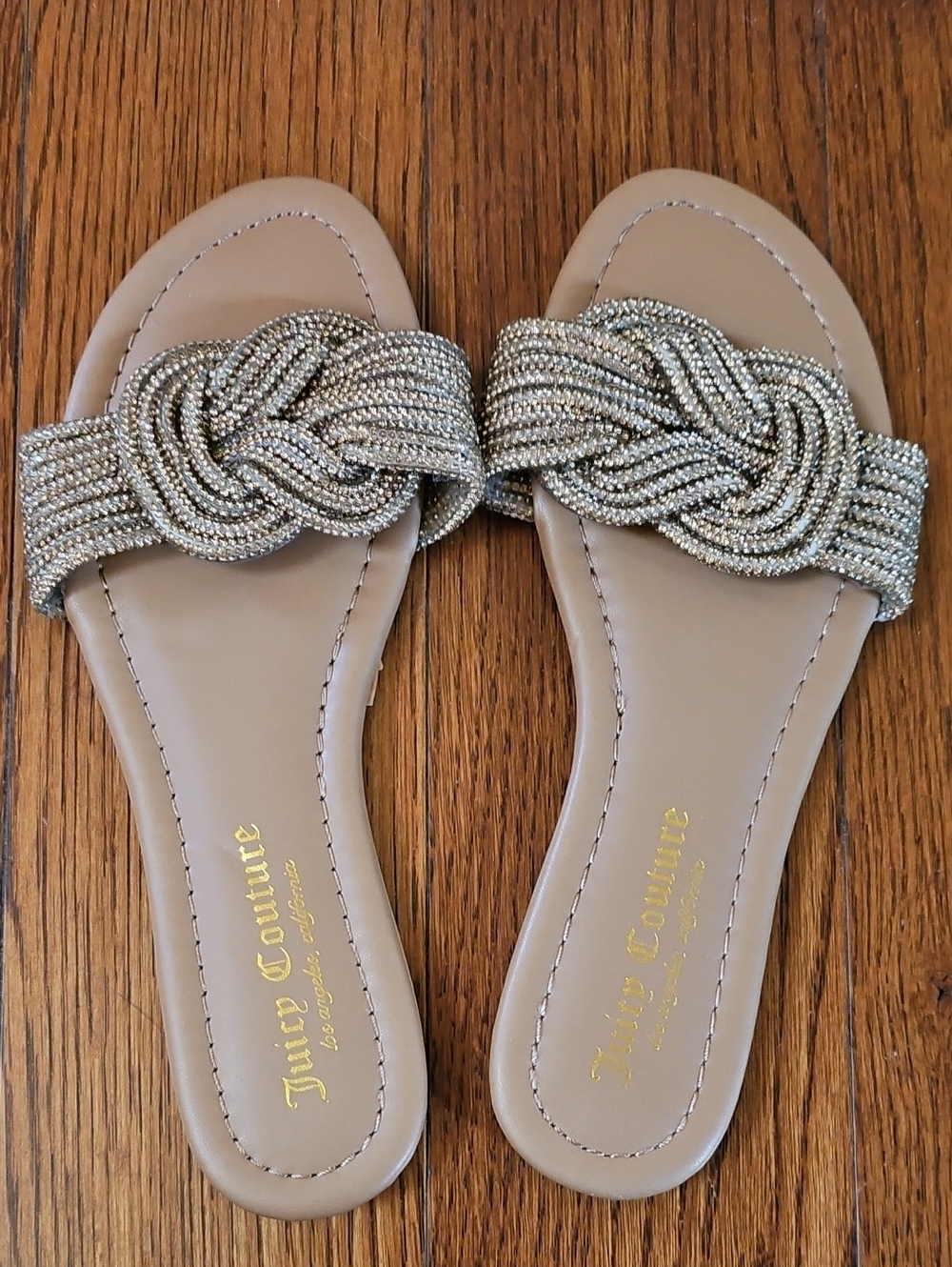 Juicy Couture Gold Beaded Knot Slide Sandals - Nude